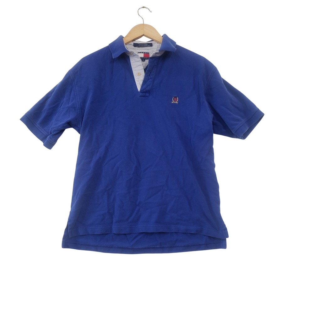 Tommy Hilfiger Polo Shirt Medium Blue Vintage 90s Crest Logo Pique Cotton Preppy